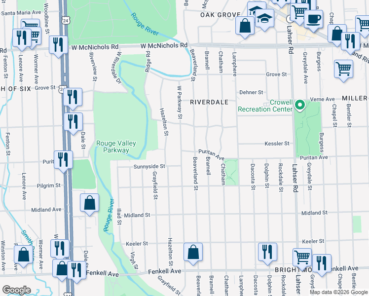 map of restaurants, bars, coffee shops, grocery stores, and more near 16100 West Parkway Street in Detroit