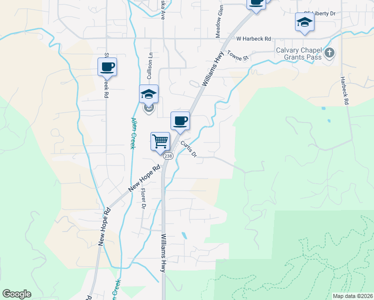 map of restaurants, bars, coffee shops, grocery stores, and more near 150 Curtis Drive in Grants Pass
