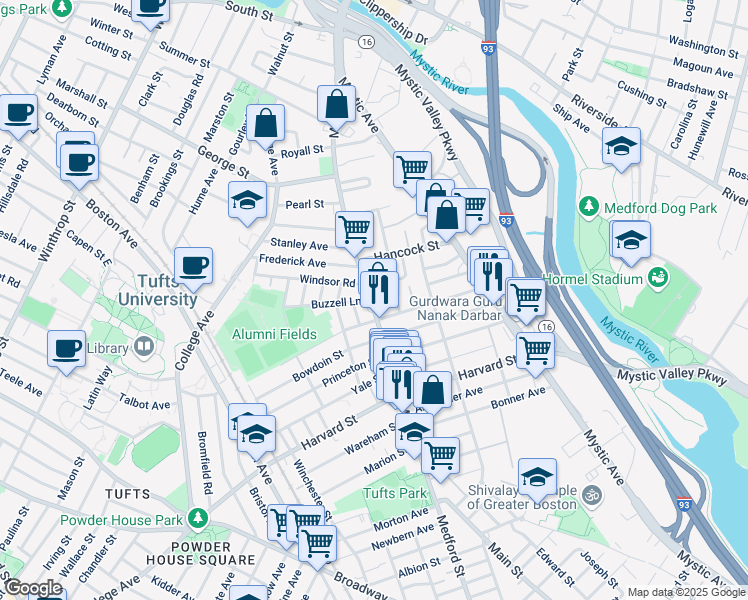 map of restaurants, bars, coffee shops, grocery stores, and more near 308 Main Street in Medford