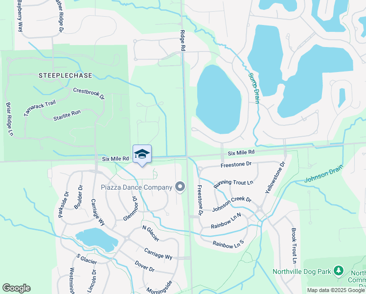 map of restaurants, bars, coffee shops, grocery stores, and more near 17191 Ridge Road in Northville