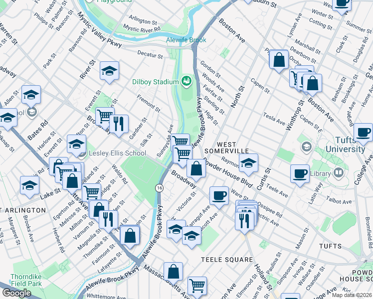 map of restaurants, bars, coffee shops, grocery stores, and more near 330 Alewife Brook Parkway in Somerville