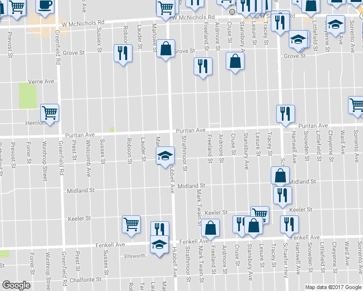map of restaurants, bars, coffee shops, grocery stores, and more near 15857 Strathmoor Street in Detroit