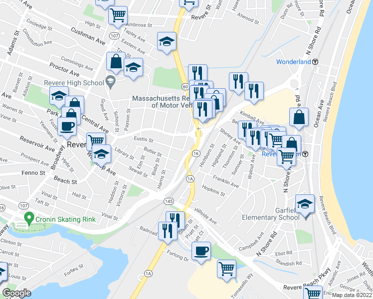 map of restaurants, bars, coffee shops, grocery stores, and more near 5 John Mooney Road in Revere