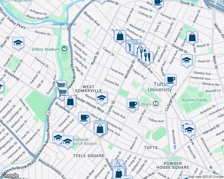 map of restaurants, bars, coffee shops, grocery stores, and more near 27 Curtis Avenue in Somerville