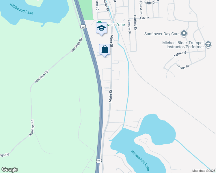 map of restaurants, bars, coffee shops, grocery stores, and more near 8445 Main Street in Whitmore Lake