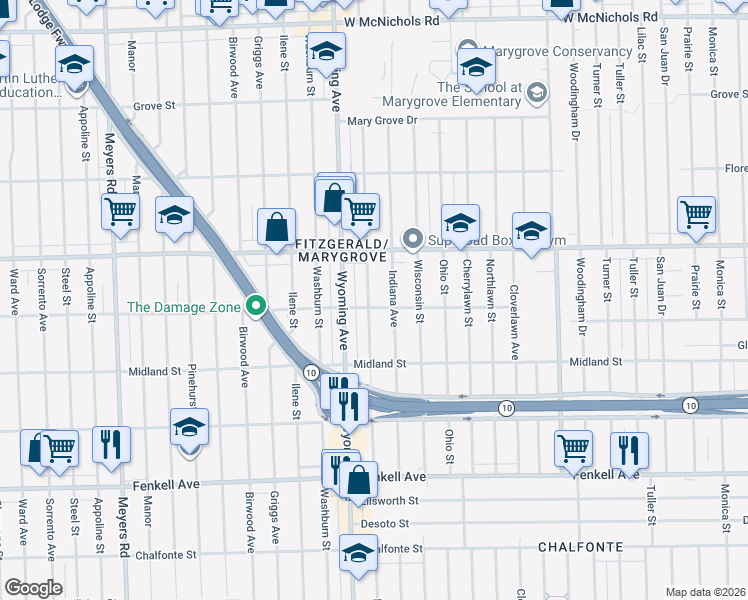 map of restaurants, bars, coffee shops, grocery stores, and more near 15800 Kentucky Street in Detroit