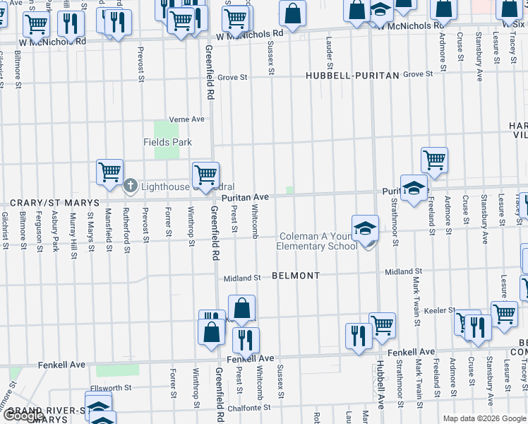 map of restaurants, bars, coffee shops, grocery stores, and more near 15874 Whitcomb Avenue in Detroit