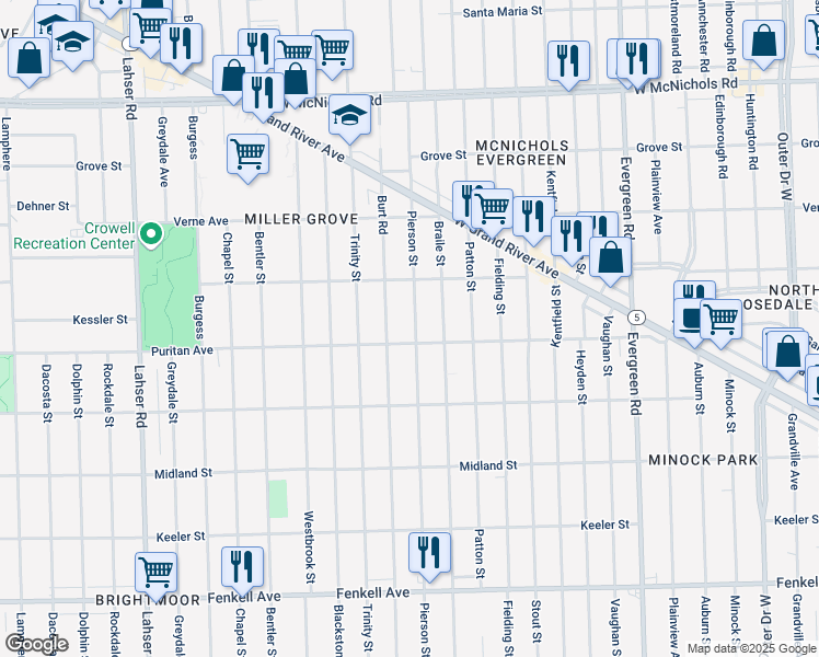 map of restaurants, bars, coffee shops, grocery stores, and more near 16114 Burt Road in Detroit