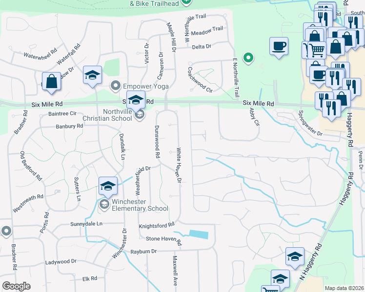 map of restaurants, bars, coffee shops, grocery stores, and more near 16819 Country Knoll Drive in Northville