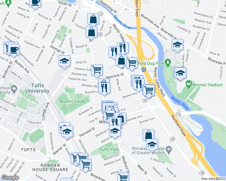 map of restaurants, bars, coffee shops, grocery stores, and more near 14 Doble Avenue in Medford