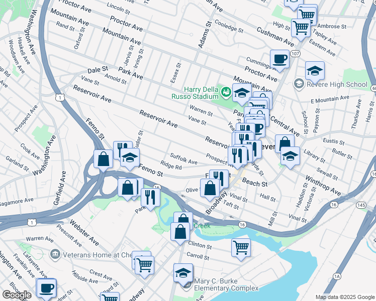 map of restaurants, bars, coffee shops, grocery stores, and more near 136 Prospect Avenue in Revere