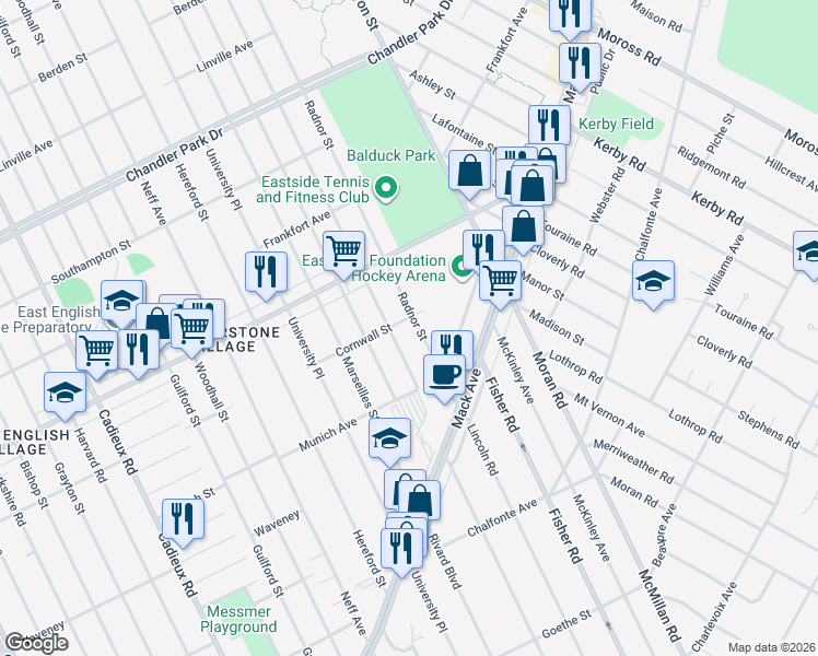 map of restaurants, bars, coffee shops, grocery stores, and more near 4584 Radnor Street in Detroit