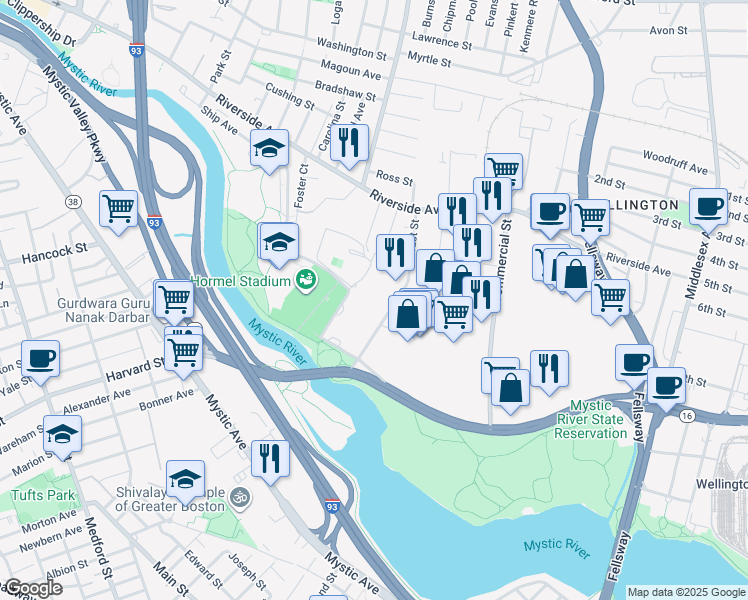 map of restaurants, bars, coffee shops, grocery stores, and more near 61 Locust Street in Medford