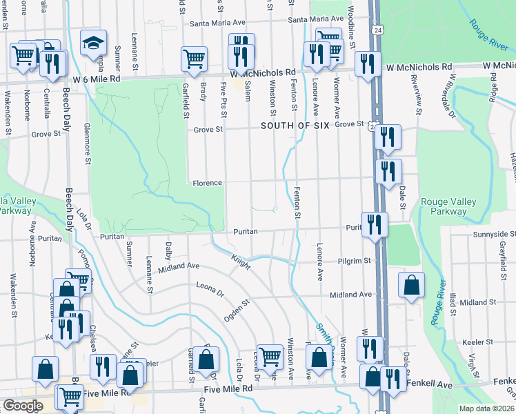 map of restaurants, bars, coffee shops, grocery stores, and more near 16174 Salem in Detroit