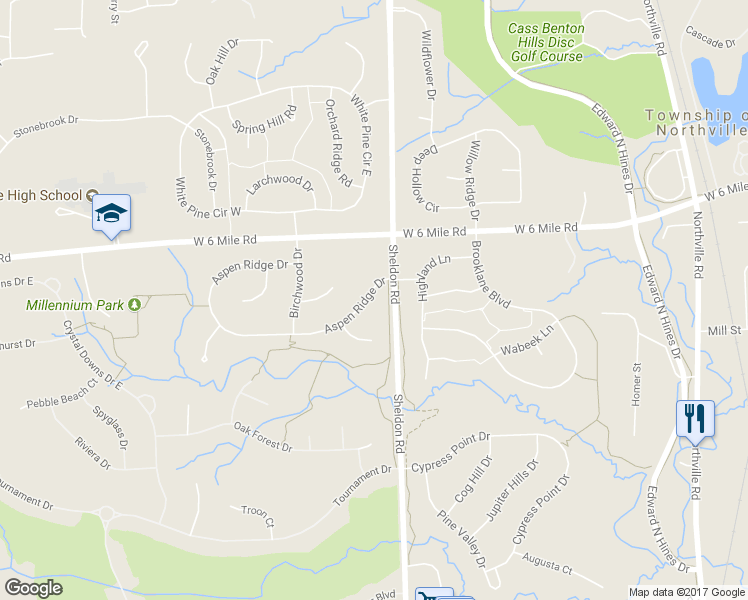 map of restaurants, bars, coffee shops, grocery stores, and more near 44472 Aspen Ridge Drive in Northville