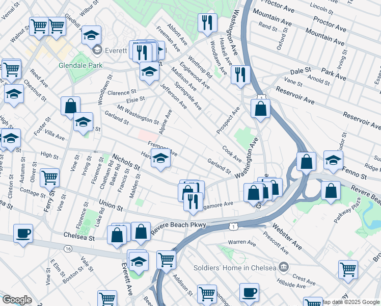 map of restaurants, bars, coffee shops, grocery stores, and more near 60 Franklin Street in Chelsea