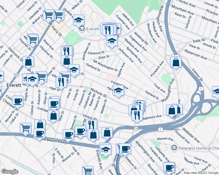 map of restaurants, bars, coffee shops, grocery stores, and more near 79 Harvard Street in Everett