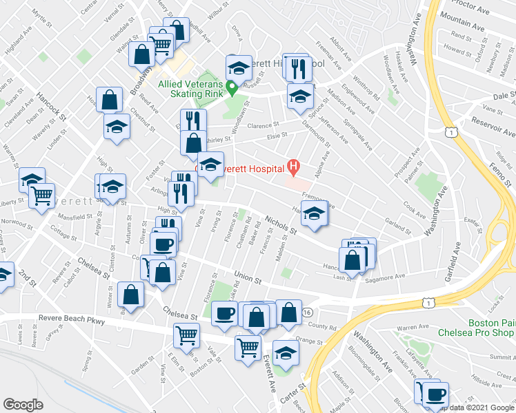 map of restaurants, bars, coffee shops, grocery stores, and more near 104 Nichols Street in Everett