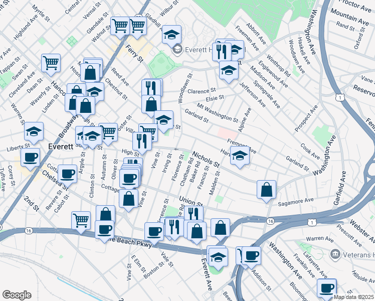 map of restaurants, bars, coffee shops, grocery stores, and more near Florence Street in Everett