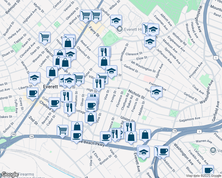 map of restaurants, bars, coffee shops, grocery stores, and more near 148 Irving Street in Everett