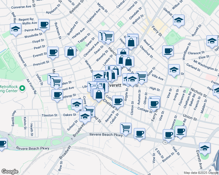 map of restaurants, bars, coffee shops, grocery stores, and more near 466 Broadway in Everett