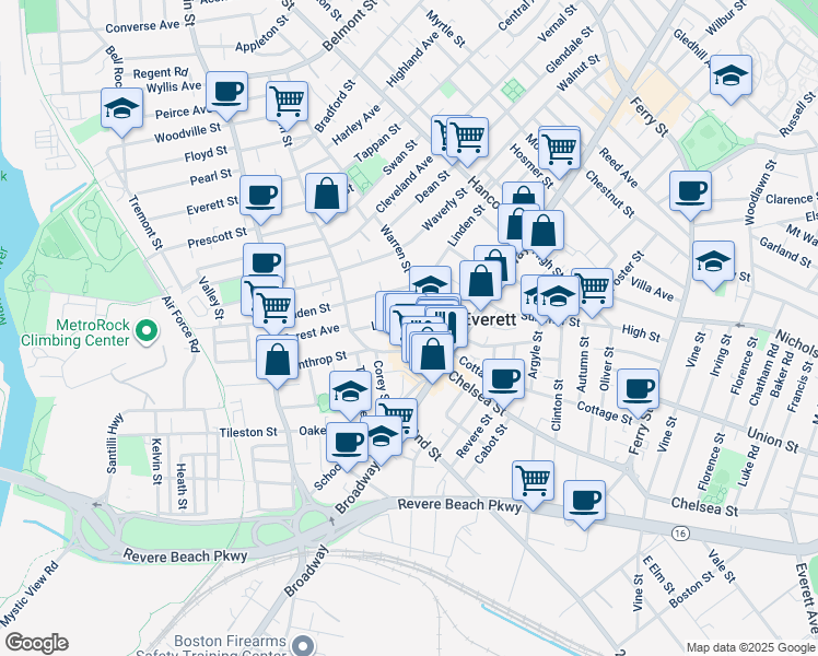 map of restaurants, bars, coffee shops, grocery stores, and more near 25 Devens Street in Everett