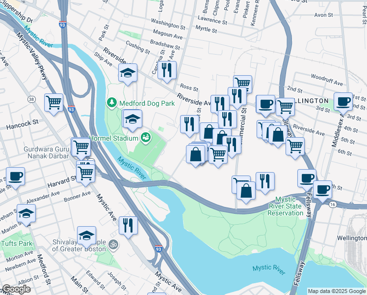 map of restaurants, bars, coffee shops, grocery stores, and more near 61 Locust Street in Medford