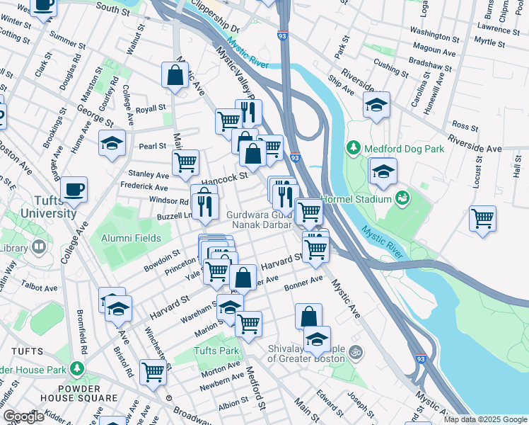 map of restaurants, bars, coffee shops, grocery stores, and more near 100 Bowen Avenue in Medford