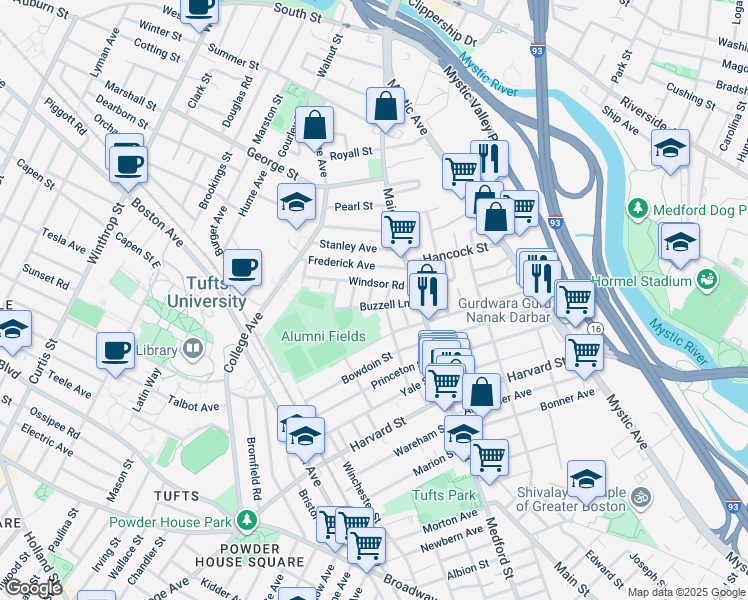 map of restaurants, bars, coffee shops, grocery stores, and more near 20 Buzzell Lane in Medford