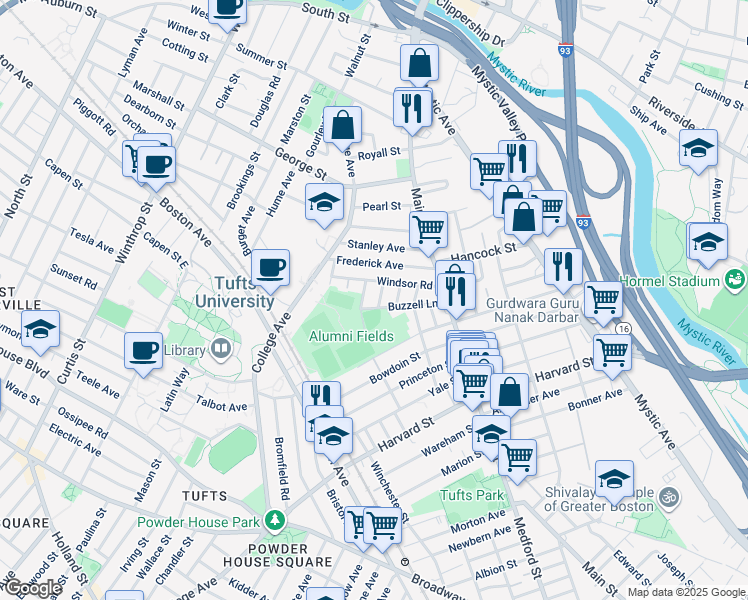 map of restaurants, bars, coffee shops, grocery stores, and more near 26 Renfrew Street in Medford