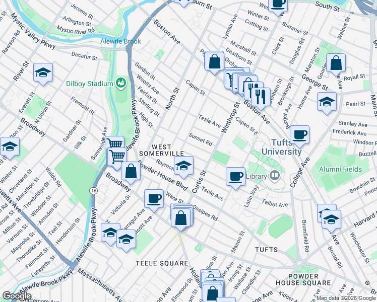 map of restaurants, bars, coffee shops, grocery stores, and more near 27 Curtis Avenue in Somerville