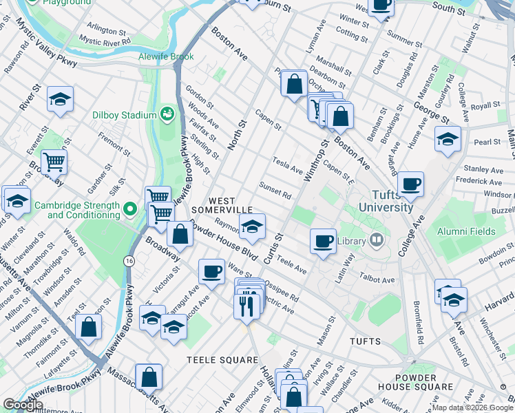 map of restaurants, bars, coffee shops, grocery stores, and more near 54 Curtis Avenue in Somerville