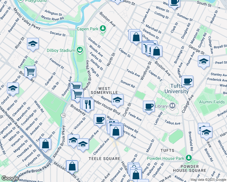 map of restaurants, bars, coffee shops, grocery stores, and more near 54 Curtis Avenue in Somerville