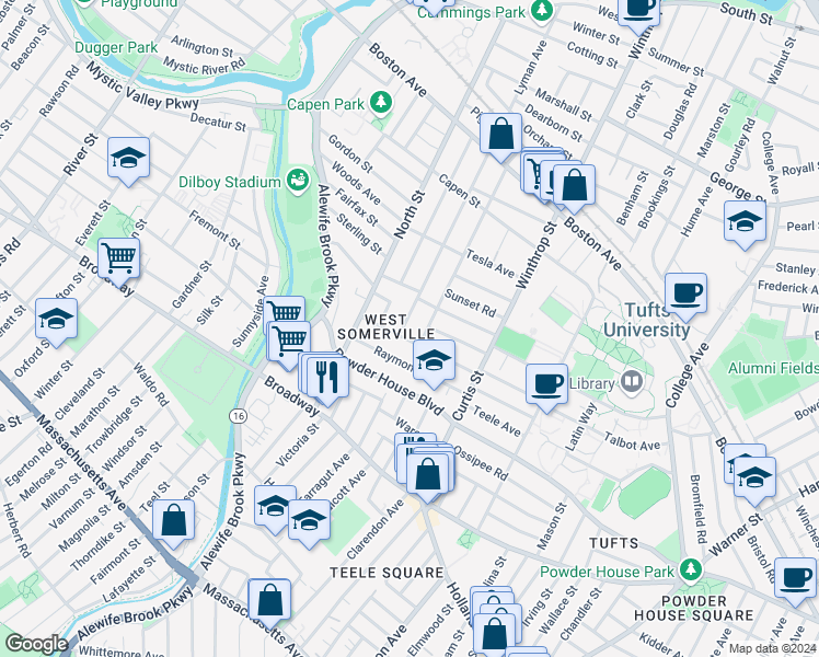 map of restaurants, bars, coffee shops, grocery stores, and more near 54 Curtis Avenue in Somerville