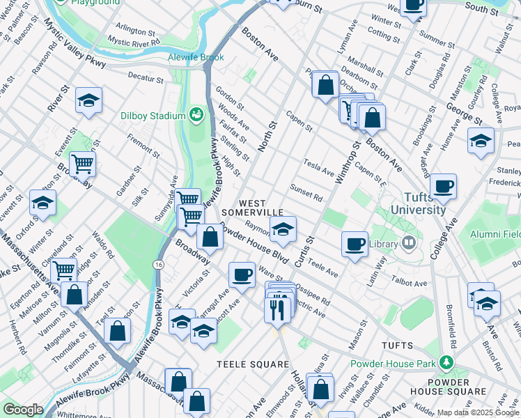 map of restaurants, bars, coffee shops, grocery stores, and more near in Somerville