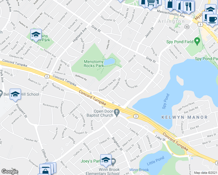 map of restaurants, bars, coffee shops, grocery stores, and more near 40 Pleasant View Road in Arlington
