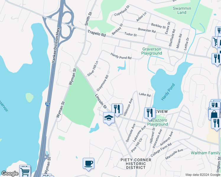 map of restaurants, bars, coffee shops, grocery stores, and more near 16 Kings Way in Waltham