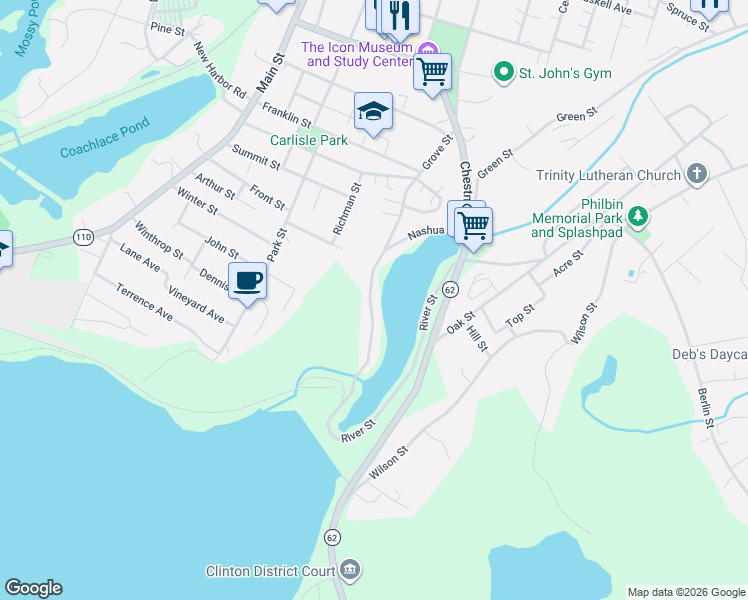 map of restaurants, bars, coffee shops, grocery stores, and more near 230 Grove Street in Clinton