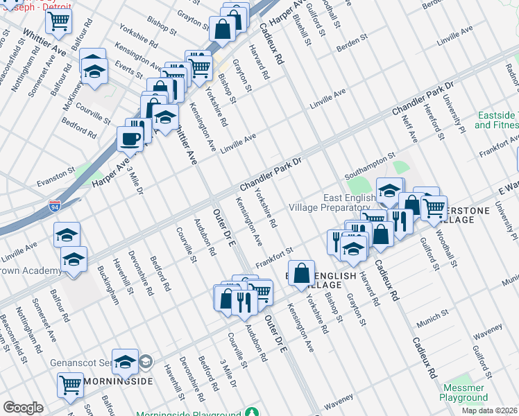 map of restaurants, bars, coffee shops, grocery stores, and more near 5511 Yorkshire Road in Detroit