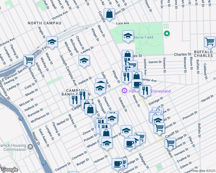 map of restaurants, bars, coffee shops, grocery stores, and more near 12224 Charest Street in Hamtramck