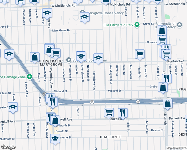 map of restaurants, bars, coffee shops, grocery stores, and more near 15801 Cloverlawn Avenue in Detroit