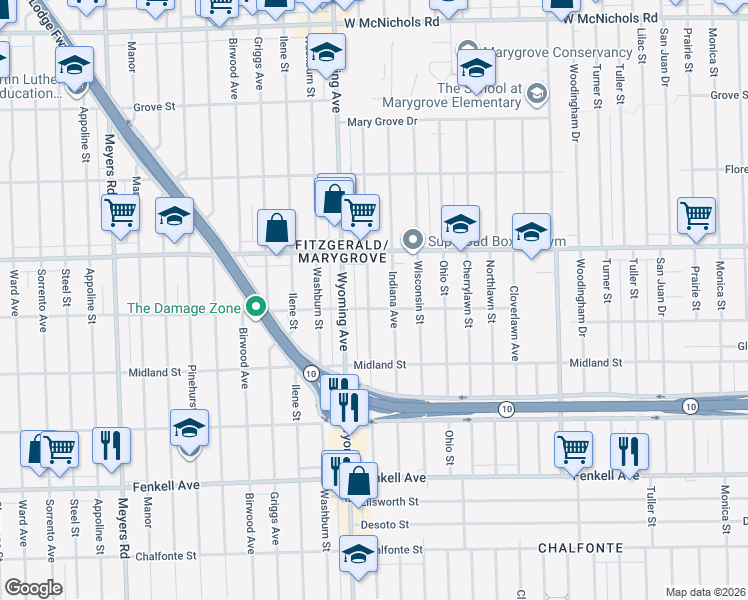 map of restaurants, bars, coffee shops, grocery stores, and more near 15800 Kentucky Street in Detroit