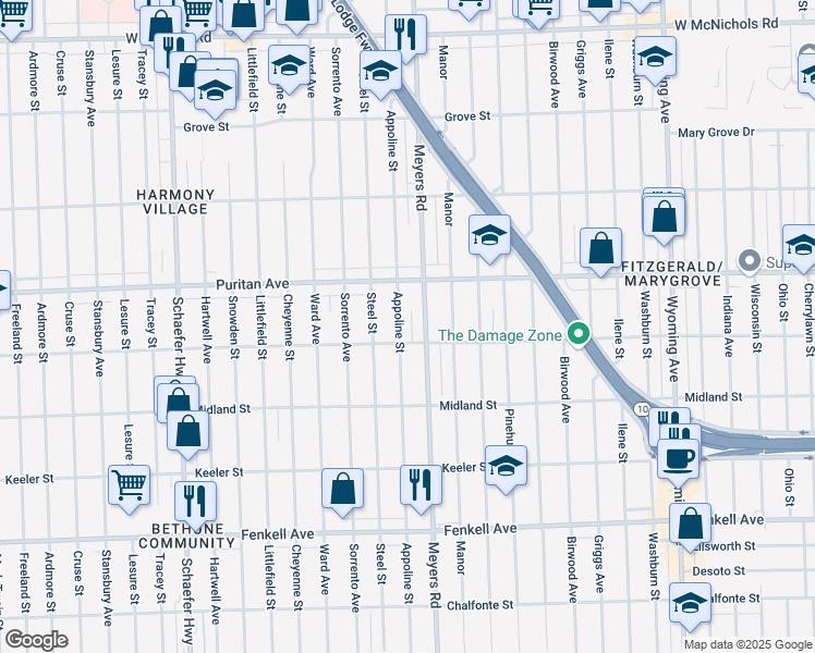 map of restaurants, bars, coffee shops, grocery stores, and more near 15810 Appoline Street in Detroit
