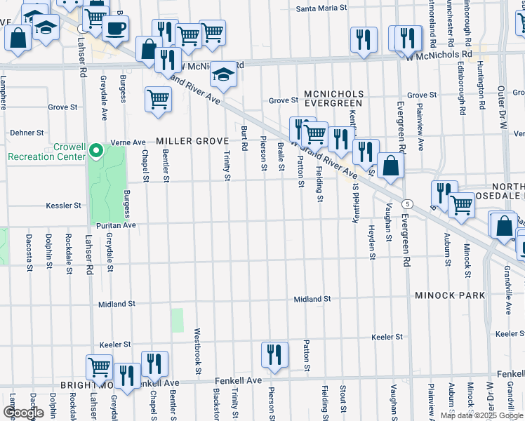 map of restaurants, bars, coffee shops, grocery stores, and more near 16114 Burt Road in Detroit