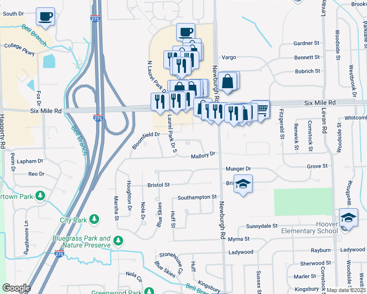 map of restaurants, bars, coffee shops, grocery stores, and more near 37740 Mallory Drive in Livonia