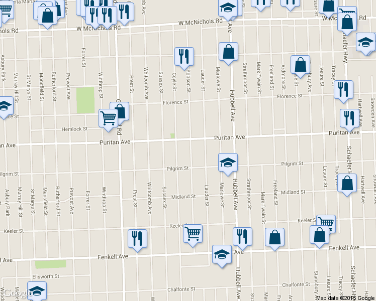 map of restaurants, bars, coffee shops, grocery stores, and more near 15873 Robson Street in Detroit