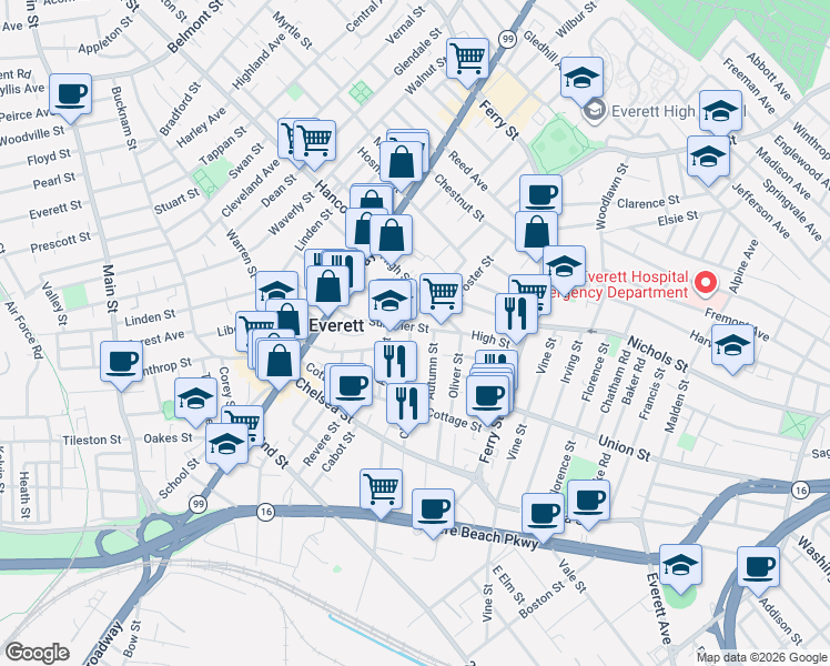 map of restaurants, bars, coffee shops, grocery stores, and more near 89 Clinton Street in Everett