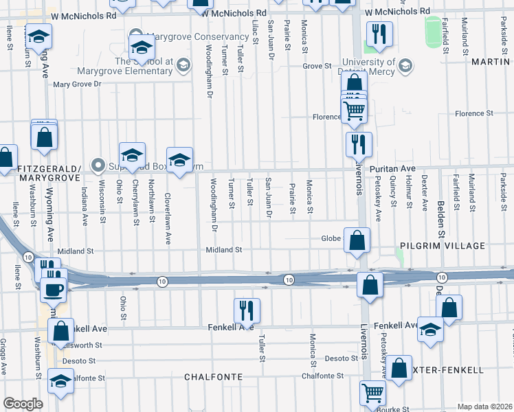 map of restaurants, bars, coffee shops, grocery stores, and more near 15831 San Juan Drive in Detroit