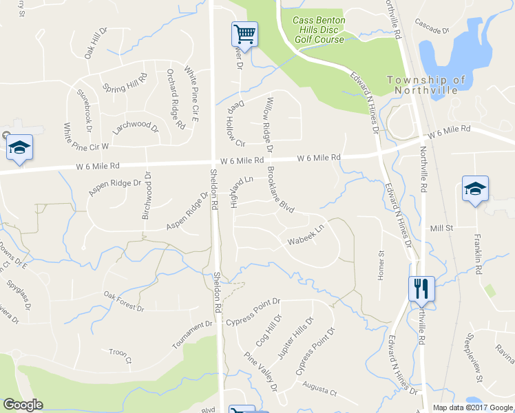 map of restaurants, bars, coffee shops, grocery stores, and more near 44139 Greenview Lane in Northville