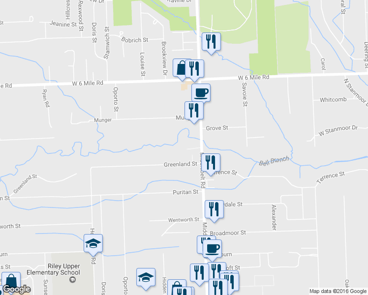 map of restaurants, bars, coffee shops, grocery stores, and more near 16569 Middlebelt Road in Livonia